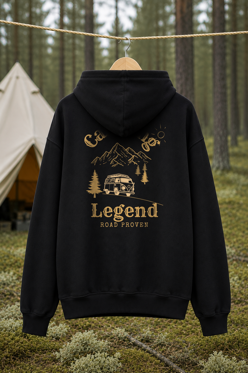 Road Proven Van – Unisex Premium Hoodie Black – Rückansicht Wäscheleine
